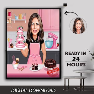 May include: A digital illustration of a woman in a pink apron holding a pink and white layered cake. The woman is standing in a kitchen with a pink mixer and other baking supplies. The image includes the text "Ready in 24 hours".