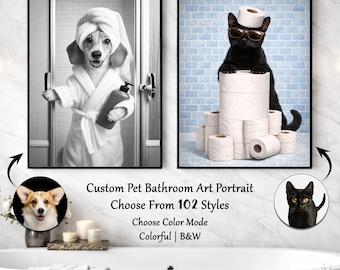 Custom Pet Portrait Bathroom Art, Funny Dog Cat Decor Portraits