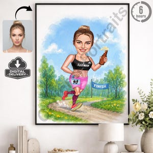 Puede incluir: Ilustración de dibujos animados enmarcada de una mujer corriendo una carrera, sosteniendo una botella de cerveza. Lleva un sujetador deportivo negro, pantalones cortos rosas y zapatos rojos. El fondo muestra un cielo azul, árboles verdes y una pancarta de línea de meta.