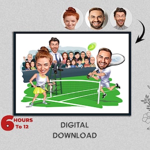 Retrato de caricatura de pareja de jugadores de tenis personalizado, caricatura de tenis, regalo para pareja, caricatura de tenis de jugador de tenis de foto digital