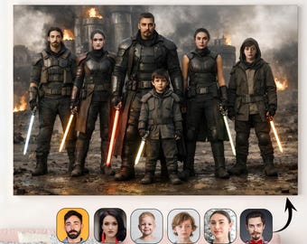Puede incluir: Impresión en lienzo de un retrato familiar Jedi personalizado. Seis figuras con atuendos oscuros y futuristas sostienen sables de luz brillantes. El fondo muestra un paisaje devastado por la guerra con llamas y humo. El texto "Custom Jedi Family Portrait" está en la parte superior.