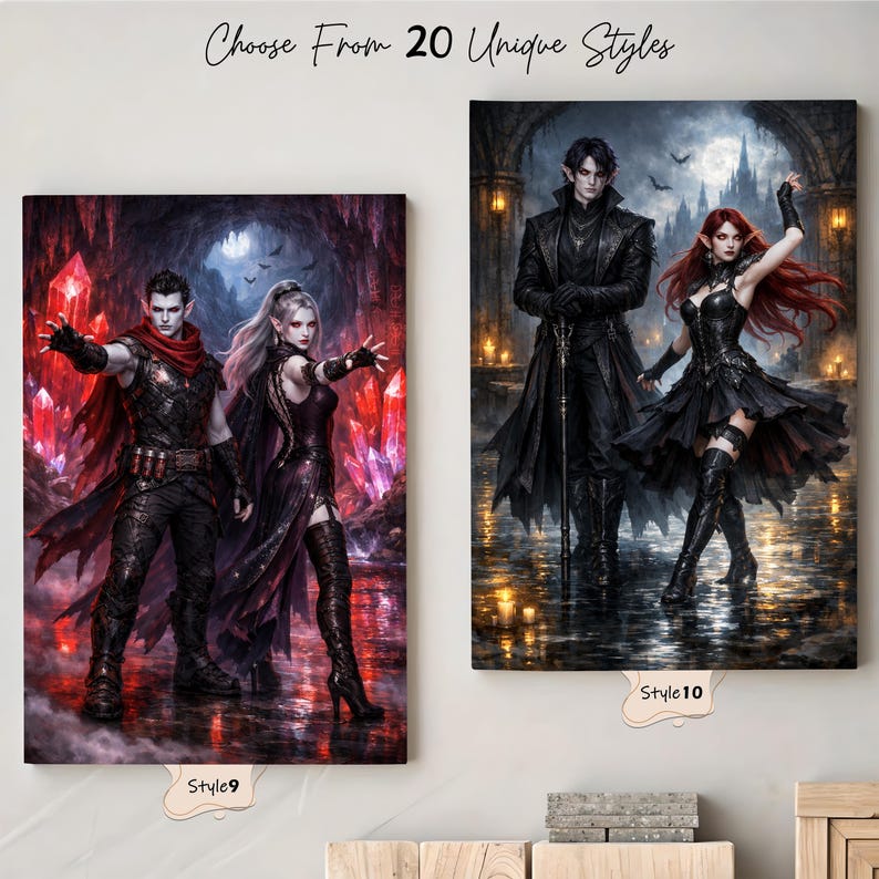 Puede incluir: Dos impresiones en lienzo con figuras de fantas&iacute;a. Una muestra a una pareja con ropa oscura y detalles rojos, en una cueva de cristal. La otra representa a una pareja vestida de negro, en un entorno g&oacute;tico. El texto dice "Choose From 20 Unique Styles."