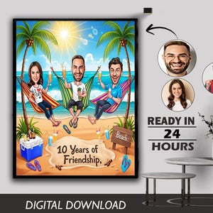 Custom Beach Friends Caricature Portrait: Personalized Friendship Gift (Digital Download)