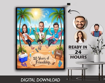 Custom Beach Friends Caricature Portrait: Personalized Friendship Gift (Digital Download)
