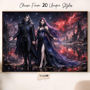 Puede incluir: Una impresi&oacute;n art&iacute;stica enmarcada que presenta a una pareja con ropa oscura, tomados de la mano contra un cielo estrellado y un cuerpo de agua reflectante. La obra de arte incluye el texto "Choose From 20 Unique Styles" y "Style20".