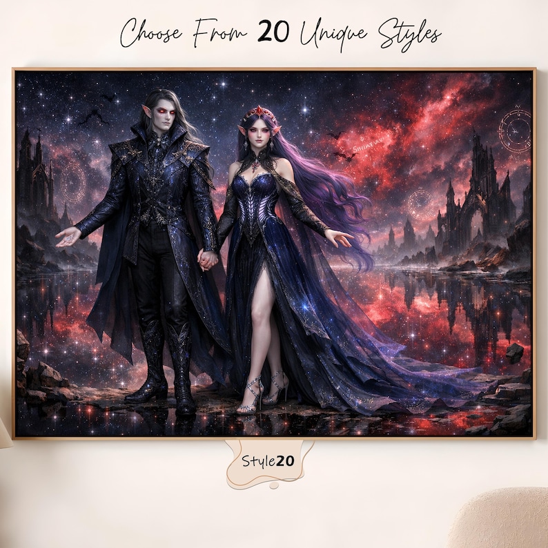 Puede incluir: Una impresi&oacute;n art&iacute;stica enmarcada que presenta a una pareja con ropa oscura, tomados de la mano contra un cielo estrellado y un cuerpo de agua reflectante. La obra de arte incluye el texto "Choose From 20 Unique Styles" y "Style20".
