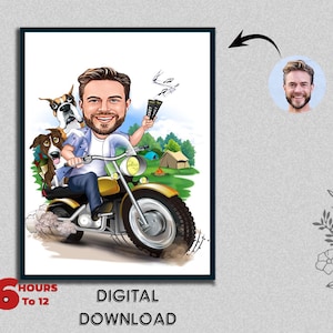 Male Biker Caricature Motorcyclist perfect for Motorcycle Bike Music Outing Pet Lover Caricature Birthday Photo to Cartoon Digital Download