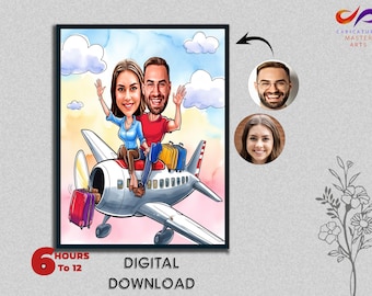 Custom Couple Travel Caricature Portrait, Anniversary Gift (Digital Download)