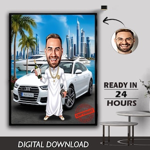Custom Business Man with Luxury Car Caricature Drinker Personalized Executive Portrait Gift His Success Celebration, Luxury Lifestyle Art