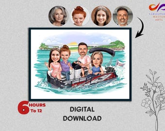 Caricatura de barco familiar personalizada: Regalo marítimo personalizado (descarga digital)