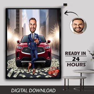 Custom Business Man with Luxury Car Caricature Drinker Personalized Executive Portrait Gift His Success Celebration, Luxury Lifestyle Art
