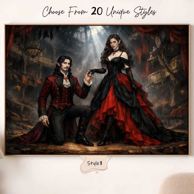 Puede incluir: Una obra de arte enmarcada que presenta a una pareja g&oacute;tica en un entorno dram&aacute;tico. El hombre se arrodilla, ofreciendo su mano a una mujer con un vestido negro y rojo. El texto "Choose From 20 Unique Styles" est&aacute; en la parte superior, con "Style 1" en la parte inferior.