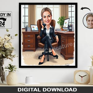Custom Businesswoman Caricature Portrait, Office Desk Cartoon from Photo, Digital Download, Professional Boss Lady Gift for Her