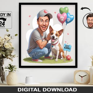 Custom Pet Caricature Portrait with Owner, Personalized Digital Download Gift, Funny Dog Cartoon Drawing, Best Buddies Wall Art