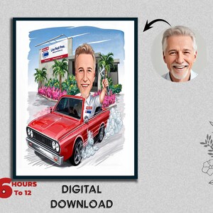 Male Business Man with Pest Control Car Caricature Personalized  Portrait Gift for Him Success Celebration Luxury Lifestyle Digital Art