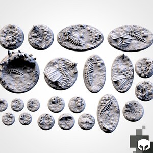 Può includere: Una collezione di basi per miniature grigie di varie forme circolari e ovali, caratterizzate da superfici testurizzate con dettagli scolpiti che includono resti scheletrici, detriti organici e piccoli elementi sferici per modelli.