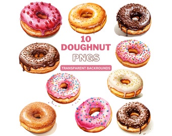 Watercolor Donut Clipart: PNG Dessert Graphics (Digital Download)