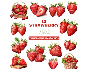 Watercolor Strawberry Clipart: Summer Fruit PNG, Commercial Use (Instant Download)