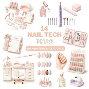 May include: Watercolor illustration of nail tech supplies, including nail polish bottles, a nail drill, manicure tools, and a nail salon desk. The image includes the text "14 Nail Tech PNGs Transparent Backgrounds."