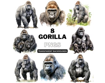 Paquete de imágenes prediseñadas de gorila en acuarela: Diseño de animales del zoológico (descarga digital)