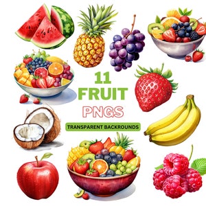 Clipart de frutas, png de frutas em aquarela, clipart de morango, clipart de alimentos, uso comercial, download digital