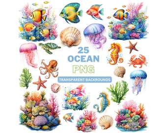 Aquarell Meerestiere Clipart: Ozean PNG Grafiken (digitaler Download)