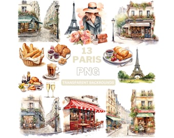 Watercolor Paris Clipart: Eiffel Tower, Cafe (Commercial Use)