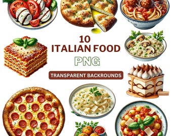 Aquarell Italienisches Essen Clipart, Pizza, Pasta, Tiramisu (PNG Digital Download)