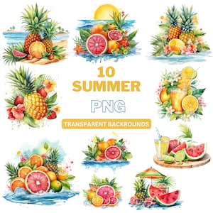 Clipart de verano, Cócteles de acuarela, Clipart tropical, png de frutas, Vibraciones de verano, Diseño de sublimación, Uso comercial