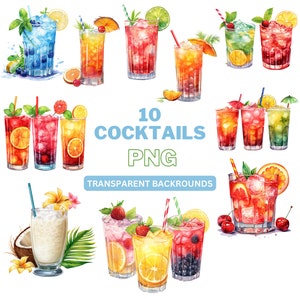 Cocktail Clipart, Summer Clipart, Watercolor Cocktails, Alcohol Clipart, Sublimation Design, Commercial Use