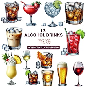 Alkohol Clipart Bundle, Aquarell Alkohol PNG, Cocktail Bier Wein Clipart, digitaler Download, hochauflösende PNG, kommerzielle Nutzung