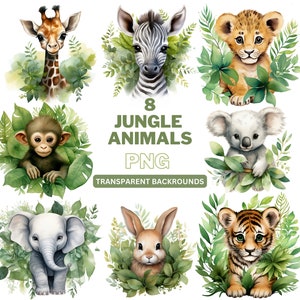 Cute Jungle Animals Clipart, Baby Shower Clipart, Watercolor Safari Animals png, Tropical Clipart, Digital Download