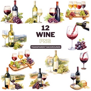 Wine Clipart, Alcohol Clipart, Summer Clipart, Wine Glass png, Wine Lover, Digital Download, Watercolor Drinks