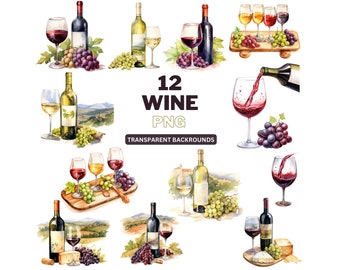 May include: Twelve watercolor illustrations of wine bottles, glasses, and grapes. The illustrations are on a white background. The text "12 WINE PNG TRANSPARENT BACKGROUNDS" is at the bottom of the image.