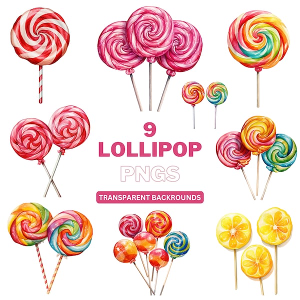 Lollipop PNG Bundle - Sweets png, Summer png, High Quality Graphics, Wall Art, Kids T-Shirt Design - Watercolour PNG