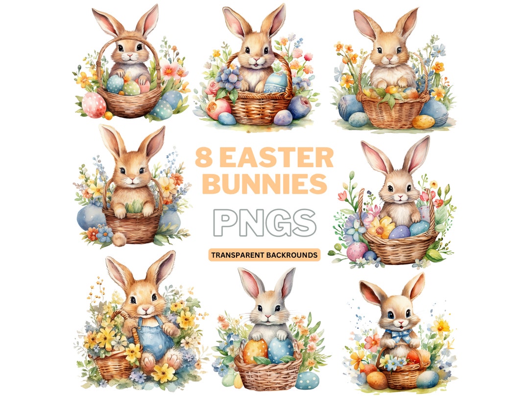 Easter Bunny Watercolor Clipart PNG Bundle: Spring Floral Designs ...