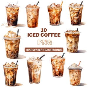 Imágenes prediseñadas de café, café helado png, arte de pared imprimible, café de acuarela, uso comercial, descarga digital