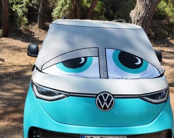 Custom Fit VW ID. Buzz Sunshade, Snoozy Cartoon Eyes Camper Van Privacy Wrap