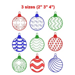 May include: Nine Christmas ornament designs in red, blue, and green, each with a unique embroidered pattern. The ornaments are available in three sizes: 2", 3", and 4". The ornaments have a loop at the top for hanging.