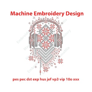 Puede incluir: Diseño de bordado a máquina con un gráfico de auriculares estilizado con patrones florales rojos y negros. El diseño incluye el texto "Machine Embroidery Design" en rojo. El diseño está sobre un fondo blanco.