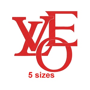 May include: Red embroidered design of the letters "LOVE" in a stylised font. The letters are layered on top of each other. The design is available in 5 sizes.