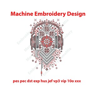 May include: Machine embroidery design featuring a stylized headphone graphic with floral and geometric patterns in red, black, and white. The design includes the text "Machine Embroidery Design".