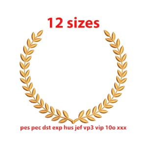 Puede incluir: Una corona de laurel dorada con 12 tamaños disponibles. El texto "12 tamaños" está escrito en rojo sobre la corona. El texto "pes pec dst exp hus jef vp3 vip 100 xxx" está escrito en rojo debajo de la corona.