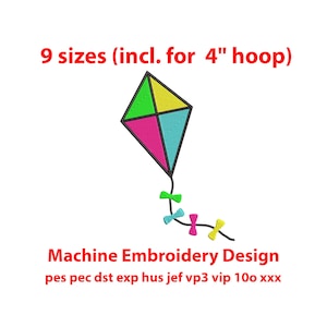 Op de afbeelding: Een machineborduurontwerp met een kleurrijke vlieger. De vlieger is verdeeld in vier secties van groen, geel, roze en blauw. De tekst luidt "9 maten (incl. voor 10 cm hoepel)" en "Machine Embroidery Design".