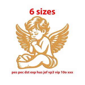 May include: A gold-coloured embroidery design of a praying angel with wings. The design is available in 6 sizes and includes the file formats: pes, pec, dst, exp, hus, jef, vp3, vip, 100, xxx.