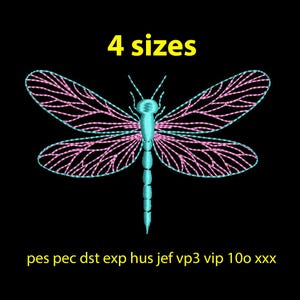 May include: A blue and pink dragonfly embroidery design with the text "4 sizes" and "pes pec dst exp hus jef vp3 vip 100 xxx" at the bottom.