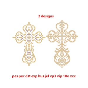 Puede incluir: Dos diseños de cruces ornamentadas en tonos dorados y burdeos sobre un fondo blanco. Las cruces presentan patrones intrincados, con el texto "2 designs" encima. Debajo de las cruces hay abreviaturas de tipos de archivo.