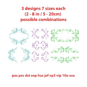 Könnte beinhalten: Drei verschiedene Designs von dekorativen floralen Rahmen in Türkis, Lila und Grün. Jedes Design wird in sieben verschiedenen Größen gezeigt, von 5 bis 20 cm. Der Text "3 designs 7 sizes each (2-8 in/5-20cm) possible combinations" befindet sich oben im Bild. Der Text "pes pec dst exp hus jef vp3 vip 100 xxx" befindet sich unten im Bild.