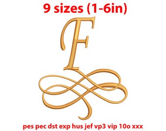 Elegantes Monogramm Buchstabe F Stickmuster - Hochzeitsschrift (9 Größen) (Digitaler Download)