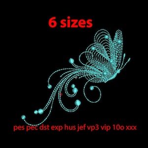 May include: A turquoise blue butterfly embroidery design with swirling details. The design is available in six sizes and in the following formats: pes, pec, dst, exp, hus, jef, vp3, vip, 100, xxx.